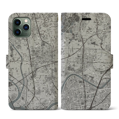 【江坂（大阪府）】地図柄iPhoneケース（手帳タイプ）モノトーン・iPhone 11 Pro 用