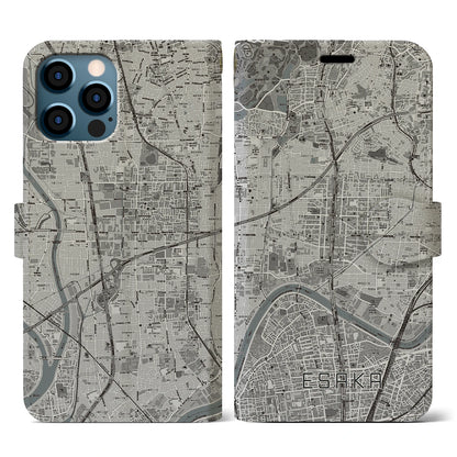 【江坂（大阪府）】地図柄iPhoneケース（手帳タイプ）モノトーン・iPhone 12 / 12 Pro 用