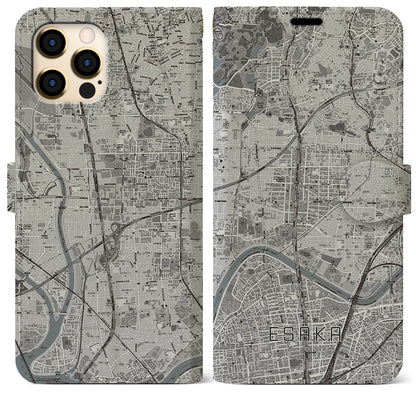 【江坂（大阪府）】地図柄iPhoneケース（手帳タイプ）モノトーン・iPhone 12 Pro Max 用
