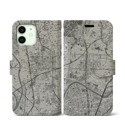 【江坂（大阪府）】地図柄iPhoneケース（手帳タイプ）モノトーン・iPhone 12 mini 用