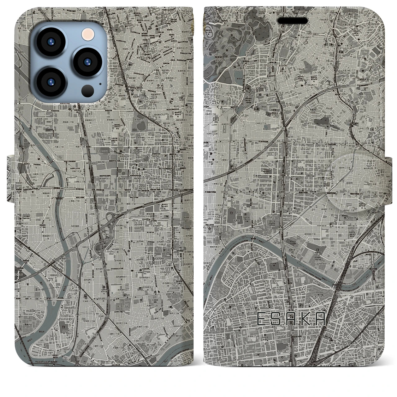 【江坂】地図柄iPhoneケース（手帳両面タイプ・モノトーン）iPhone 13 Pro Max 用