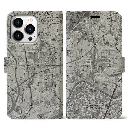【江坂（大阪府）】地図柄iPhoneケース（手帳タイプ）モノトーン・iPhone 13 Pro 用
