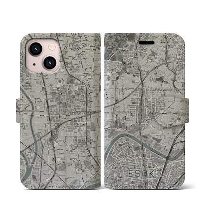 【江坂（大阪府）】地図柄iPhoneケース（手帳タイプ）モノトーン・iPhone 13 mini 用