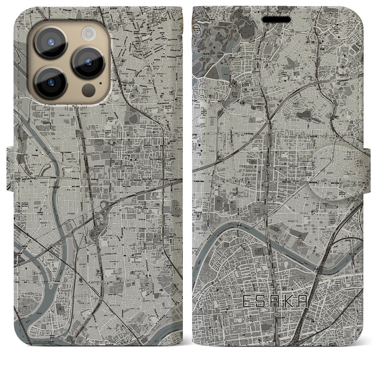 【江坂】地図柄iPhoneケース（手帳両面タイプ・モノトーン）iPhone 14 Pro Max 用