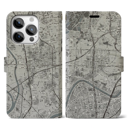【江坂（大阪府）】地図柄iPhoneケース（手帳タイプ）モノトーン・iPhone 14 Pro 用