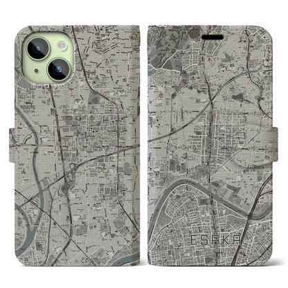 【江坂（大阪府）】地図柄iPhoneケース（手帳タイプ）モノトーン・iPhone 15 用
