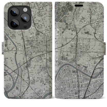 【江坂（大阪府）】地図柄iPhoneケース（手帳タイプ）モノトーン・iPhone 15 Pro Max 用