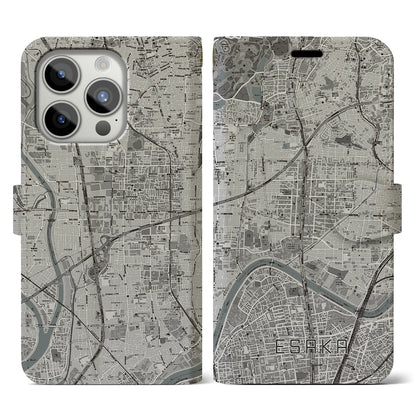 【江坂（大阪府）】地図柄iPhoneケース（手帳タイプ）モノトーン・iPhone 15 Pro 用