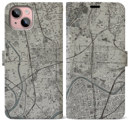 【江坂（大阪府）】地図柄iPhoneケース（手帳タイプ）モノトーン・iPhone 15 Plus 用