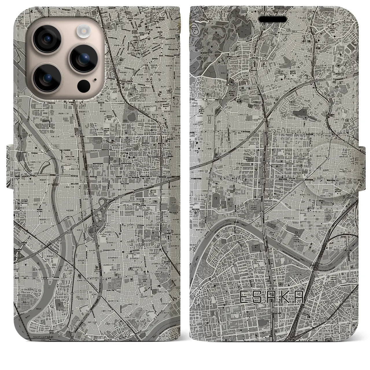 【江坂（大阪府）】地図柄iPhoneケース（手帳タイプ）モノトーン・iPhone 16 Plus 用