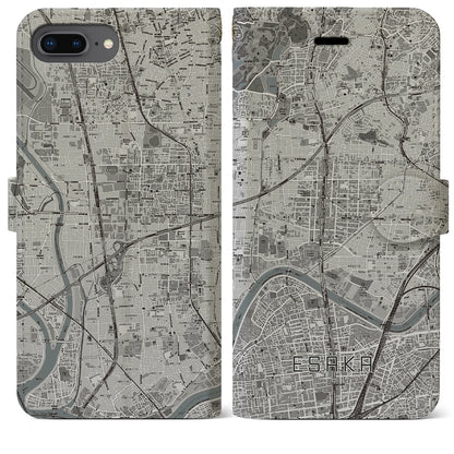 【江坂（大阪府）】地図柄iPhoneケース（手帳タイプ）モノトーン・iPhone 8Plus /7Plus / 6sPlus / 6Plus 用