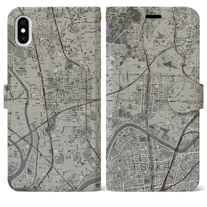 【江坂（大阪府）】地図柄iPhoneケース（手帳タイプ）モノトーン・iPhone XS Max 用