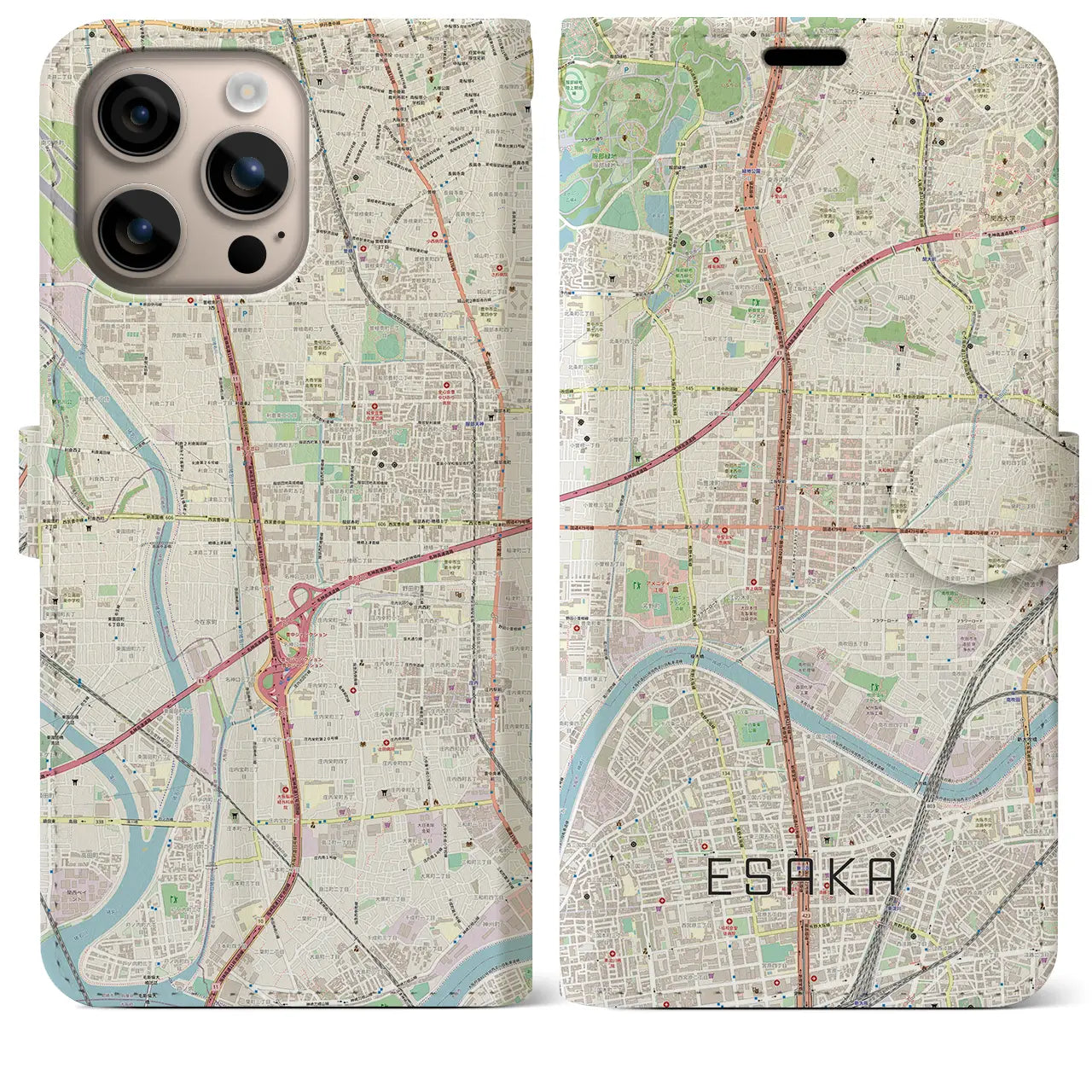 【江坂（大阪府）】地図柄iPhoneケース（手帳タイプ）ナチュラル・iPhone 16 Plus 用