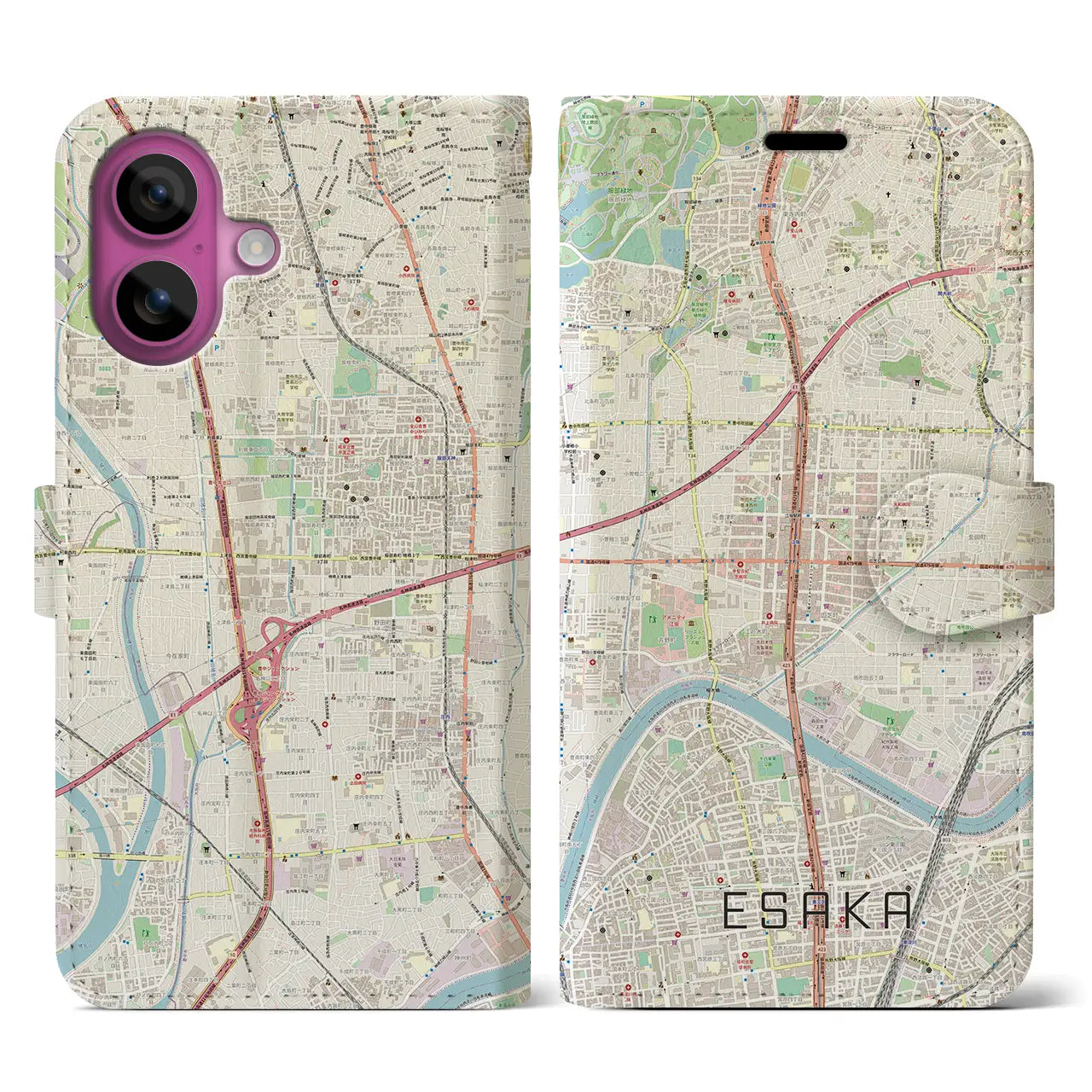 【江坂（大阪府）】地図柄iPhoneケース（手帳タイプ）ナチュラル・iPhone 16 Pro 用