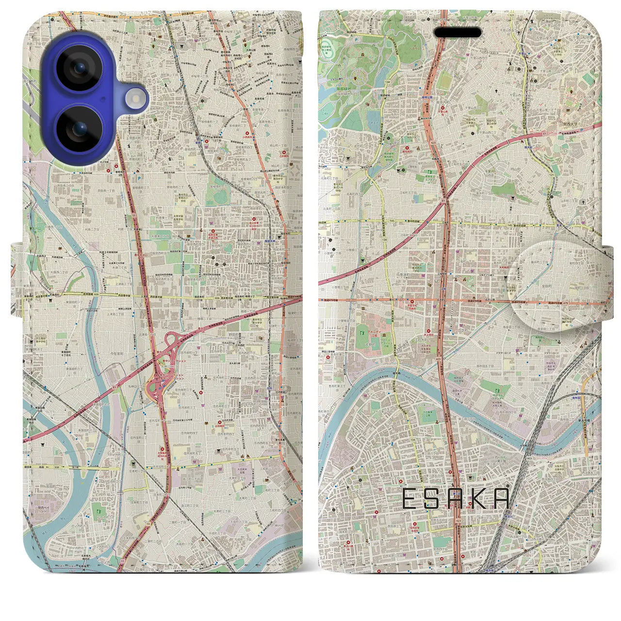 【江坂（大阪府）】地図柄iPhoneケース（手帳タイプ）ナチュラル・iPhone 16 Pro Max 用