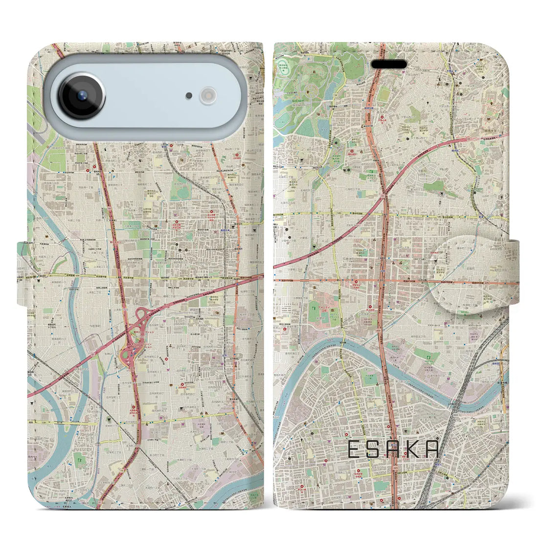 【江坂(大阪府)】地図柄iPhoneケース(手帳タイプ)モノトーン・iPhone 17 Pro Max 用