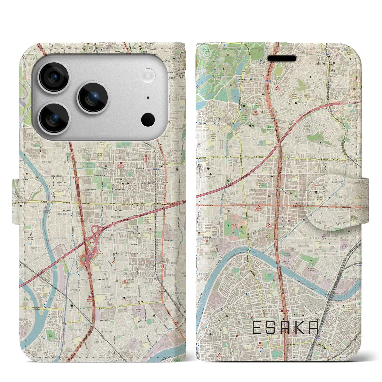 【江坂（大阪府）】地図柄iPhoneケース（手帳タイプ）