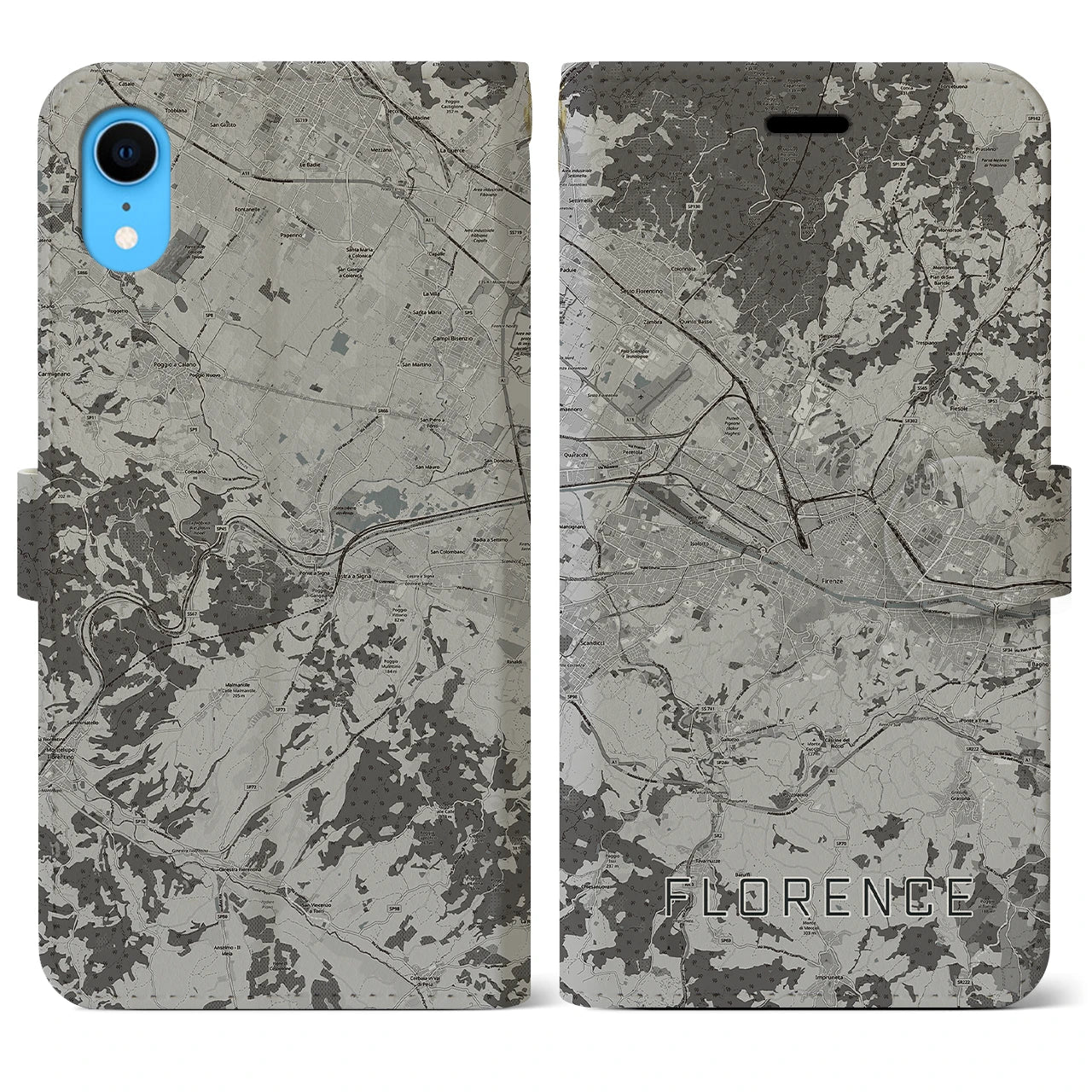 【フィレンツェ】地図柄iPhoneケース（手帳両面タイプ・モノトーン）iPhone XR 用