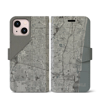 【フォートローダーデール（アメリカ）】地図柄iPhoneケース（手帳タイプ）モノトーン・iPhone 13 mini 用