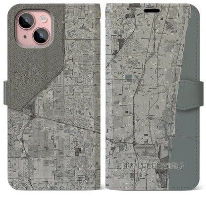 【フォートローダーデール（アメリカ）】地図柄iPhoneケース（手帳タイプ）モノトーン・iPhone 15 Plus 用