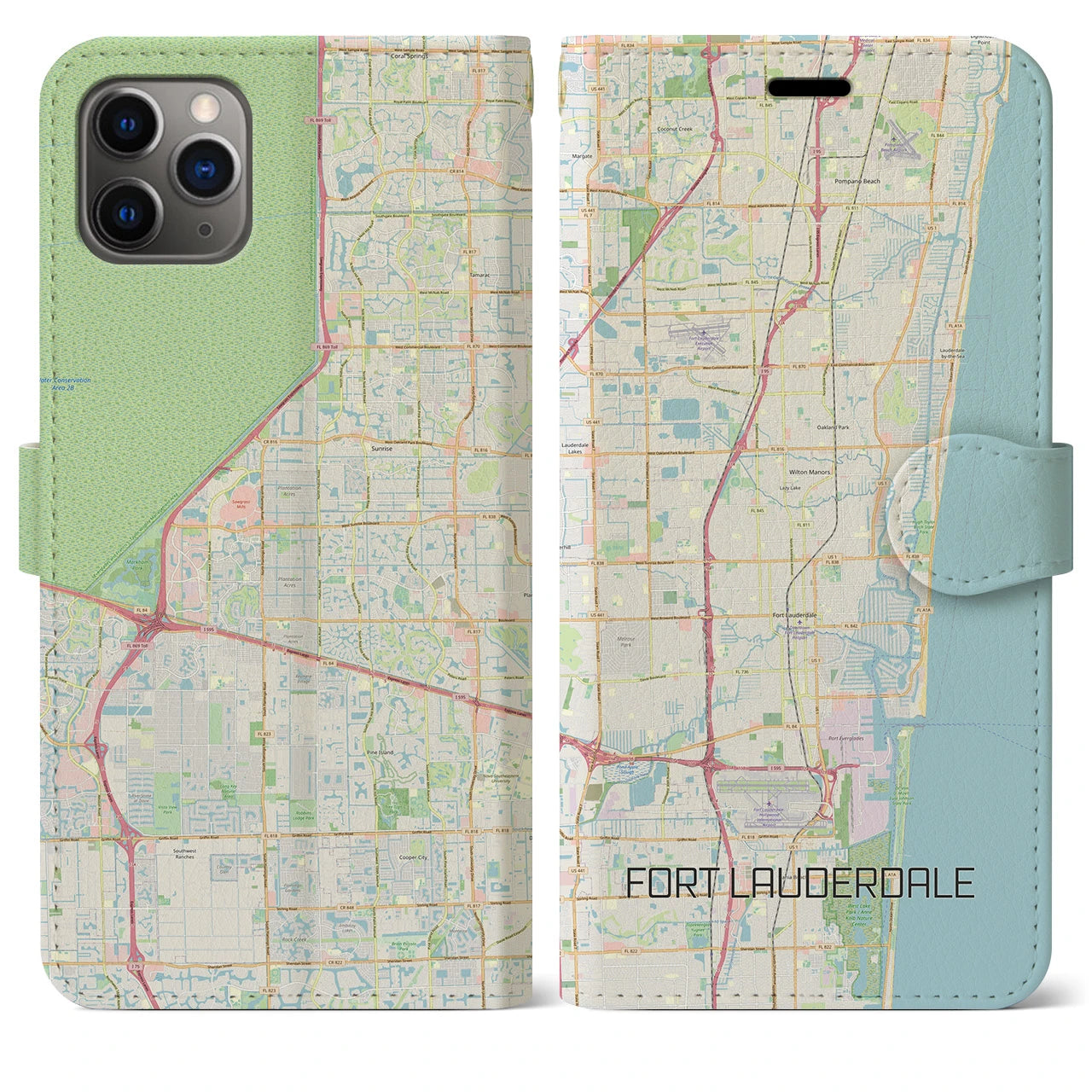 【フォートローダーデール】地図柄iPhoneケース（手帳両面タイプ・ナチュラル）iPhone 11 Pro Max 用