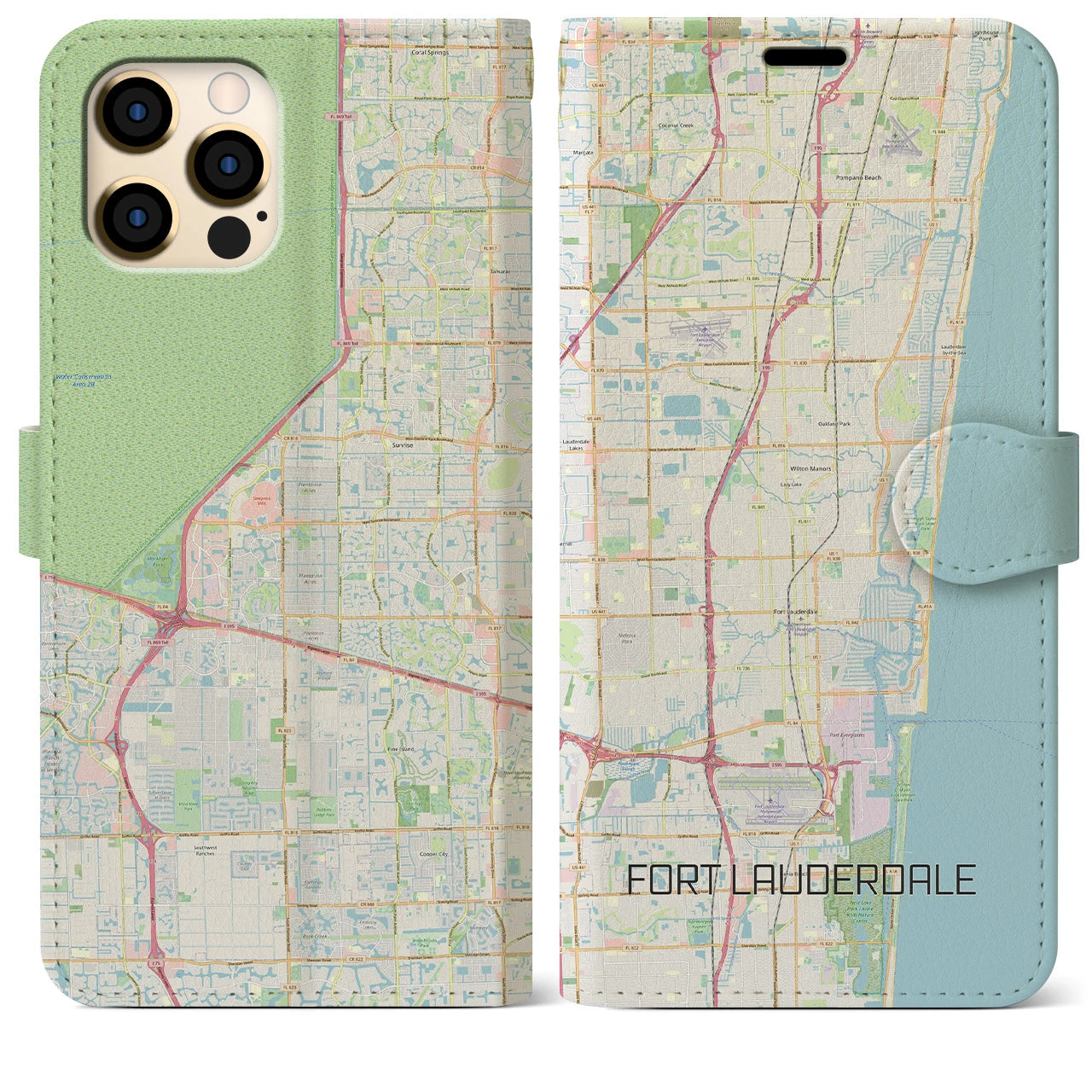 【フォートローダーデール】地図柄iPhoneケース（手帳両面タイプ・ナチュラル）iPhone 12 Pro Max 用