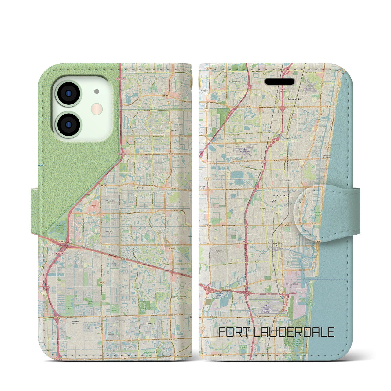 【フォートローダーデール】地図柄iPhoneケース（手帳両面タイプ・ナチュラル）iPhone 12 mini 用