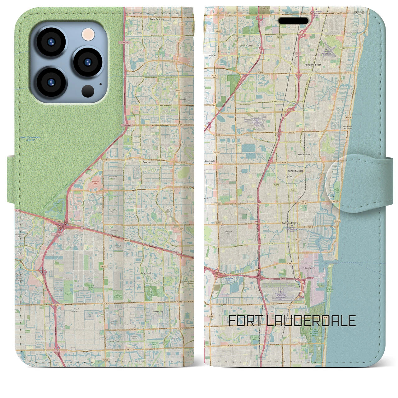 【フォートローダーデール】地図柄iPhoneケース（手帳両面タイプ・ナチュラル）iPhone 13 Pro Max 用