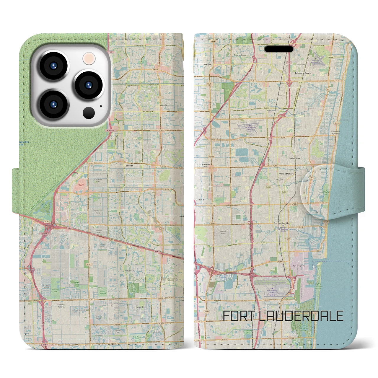 【フォートローダーデール】地図柄iPhoneケース（手帳両面タイプ・ナチュラル）iPhone 13 Pro 用