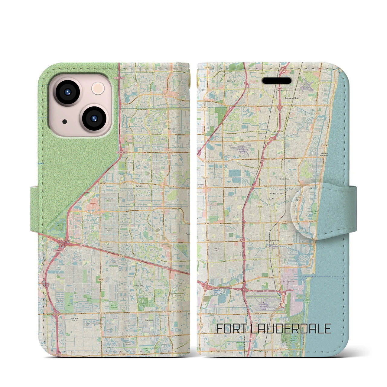 【フォートローダーデール】地図柄iPhoneケース（手帳両面タイプ・ナチュラル）iPhone 13 mini 用