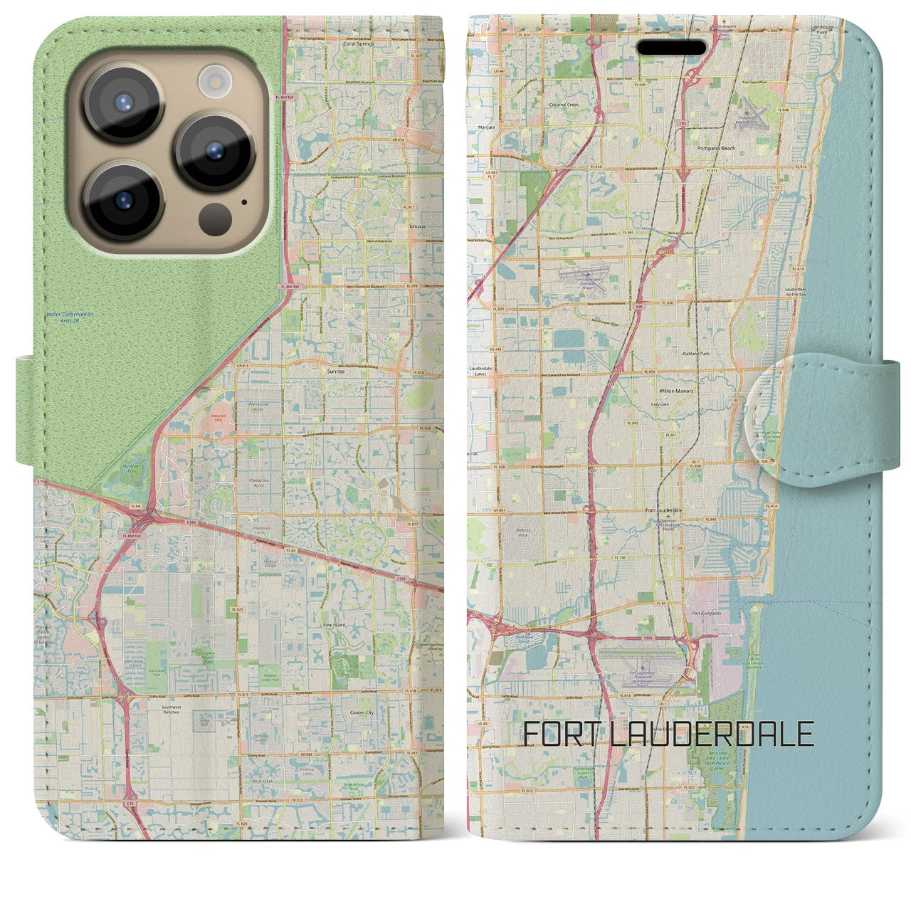 【フォートローダーデール】地図柄iPhoneケース（手帳両面タイプ・ナチュラル）iPhone 14 Pro Max 用