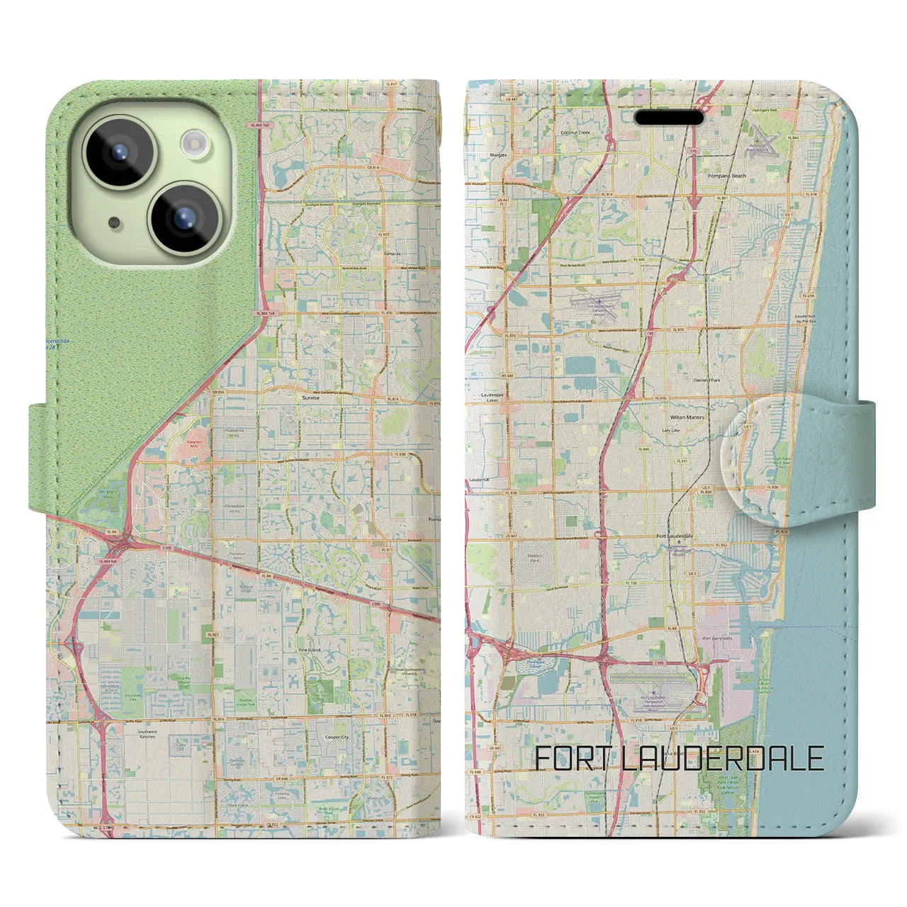 【フォートローダーデール】地図柄iPhoneケース（手帳両面タイプ・ナチュラル）iPhone 15 用
