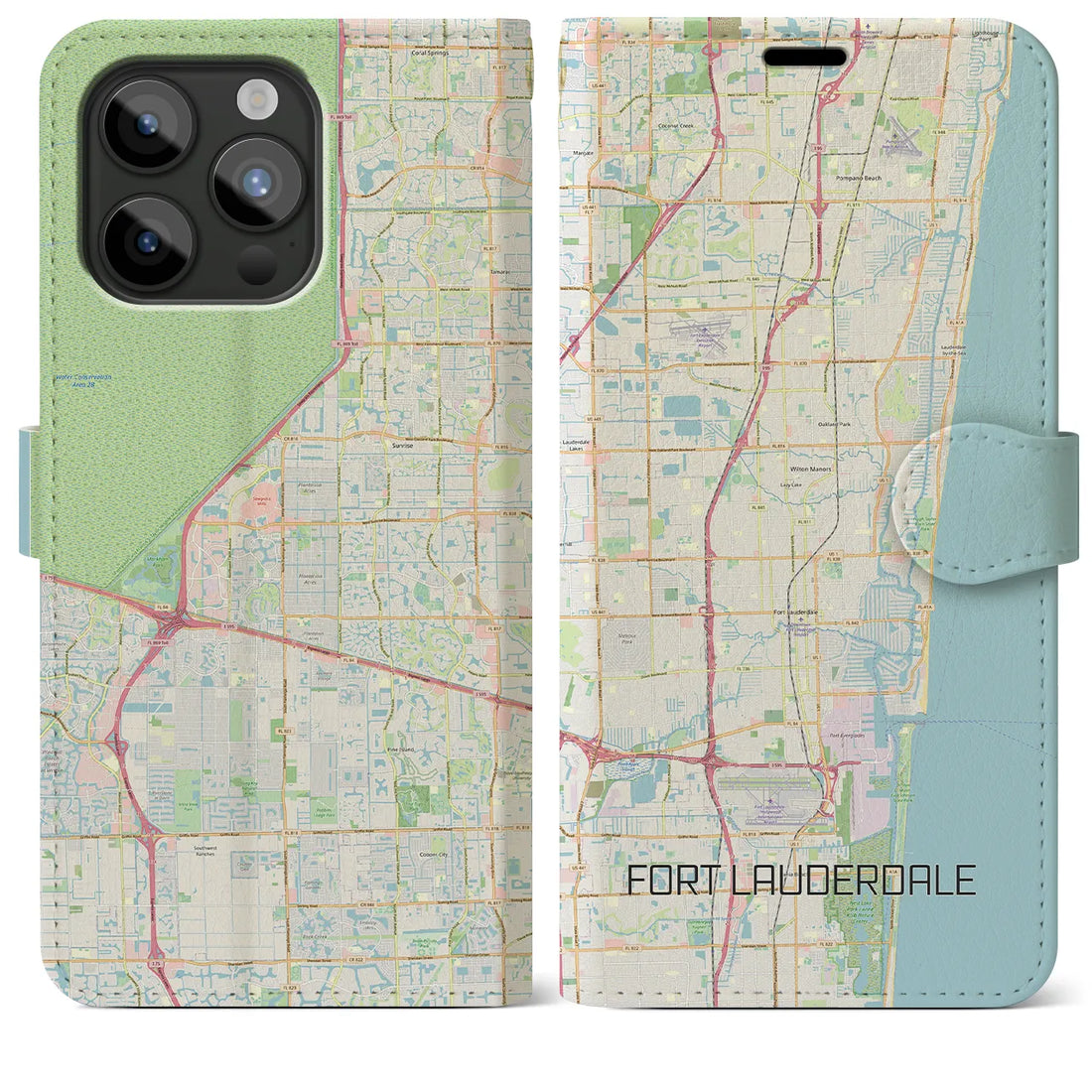 【フォートローダーデール】地図柄iPhoneケース（手帳両面タイプ・ナチュラル）iPhone 15 Pro Max 用