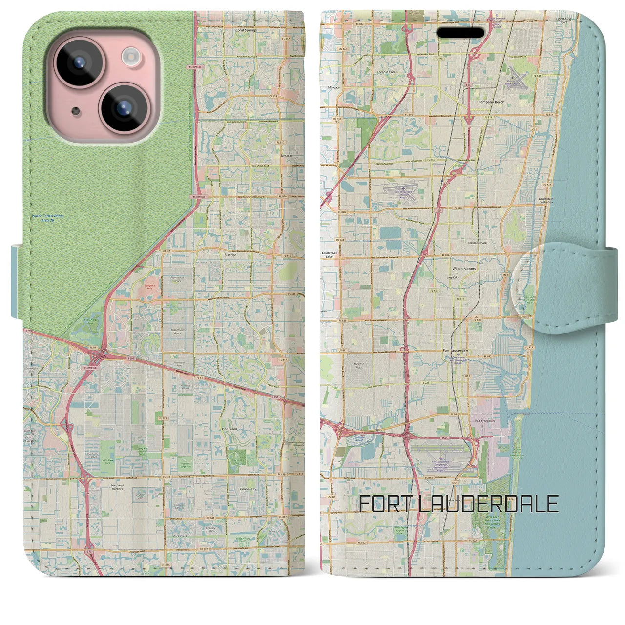 【フォートローダーデール】地図柄iPhoneケース（手帳両面タイプ・ナチュラル）iPhone 15 Plus 用