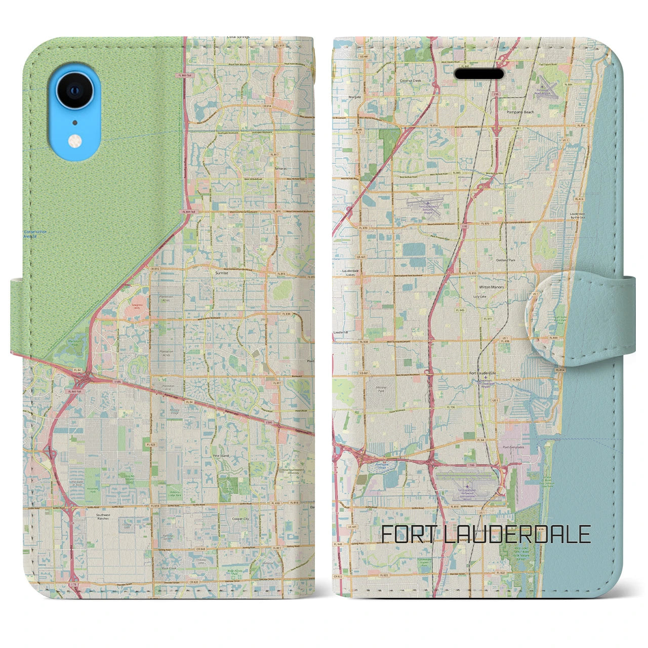 【フォートローダーデール】地図柄iPhoneケース（手帳両面タイプ・ナチュラル）iPhone XR 用