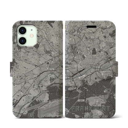 【フランクフルト（ドイツ）】地図柄iPhoneケース（手帳タイプ）モノトーン・iPhone 12 mini 用