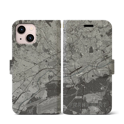 【フランクフルト（ドイツ）】地図柄iPhoneケース（手帳タイプ）モノトーン・iPhone 13 mini 用