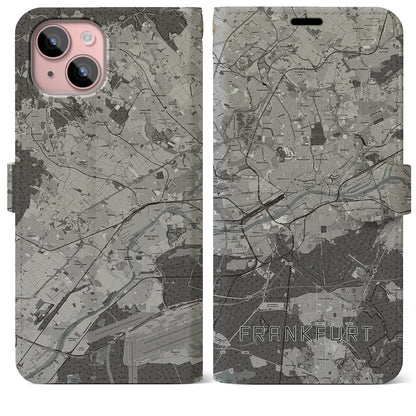 【フランクフルト（ドイツ）】地図柄iPhoneケース（手帳タイプ）モノトーン・iPhone 15 Plus 用