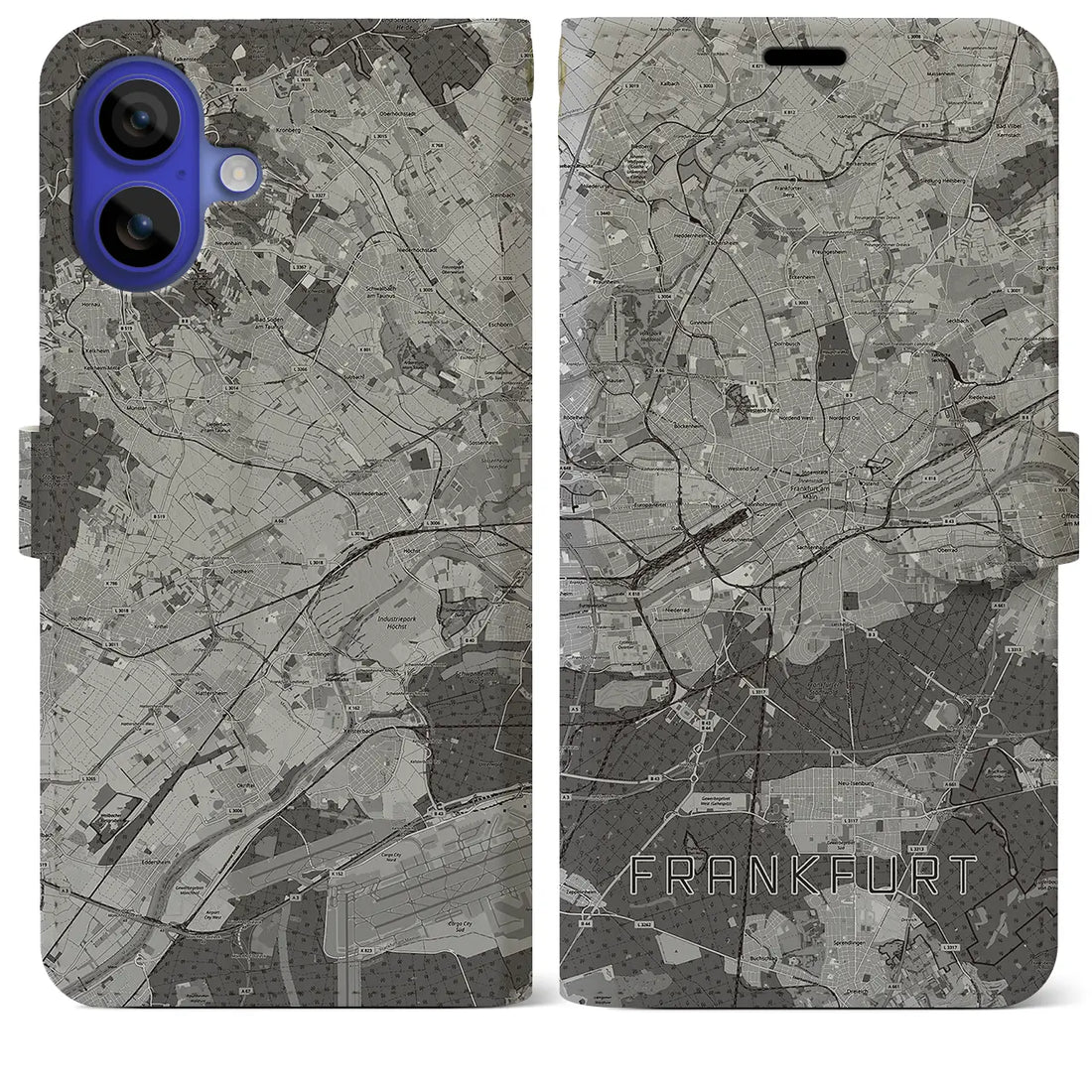 【フランクフルト(ドイツ)】地図柄iPhoneケース(手帳タイプ)モノトーン・iPhone 16 Pro Max 用