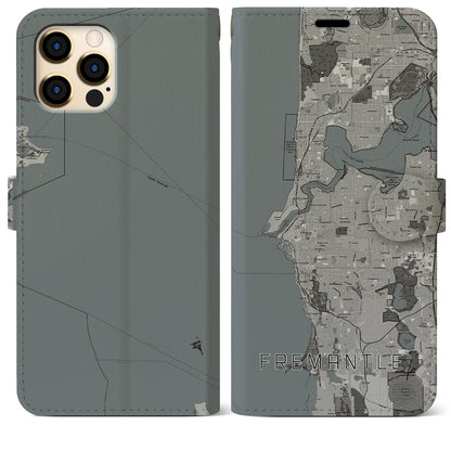 【フリーマントル（オーストラリア）】地図柄iPhoneケース（手帳タイプ）モノトーン・iPhone 12 Pro Max 用