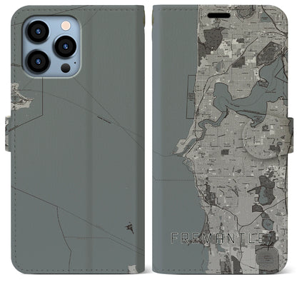 【フリーマントル（オーストラリア）】地図柄iPhoneケース（手帳タイプ）モノトーン・iPhone 13 Pro Max 用