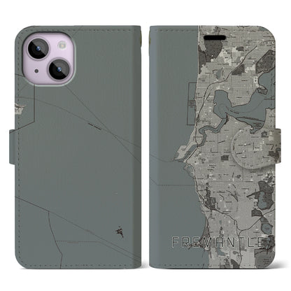 【フリーマントル（オーストラリア）】地図柄iPhoneケース（手帳タイプ）モノトーン・iPhone 14 用