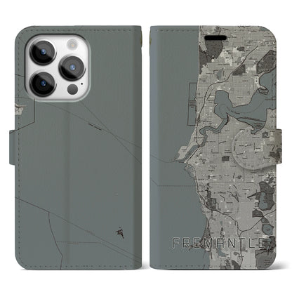 【フリーマントル（オーストラリア）】地図柄iPhoneケース（手帳タイプ）モノトーン・iPhone 14 Pro 用