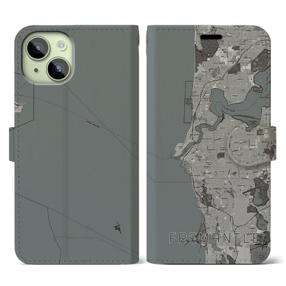 【フリーマントル（オーストラリア）】地図柄iPhoneケース（手帳タイプ）モノトーン・iPhone 15 用