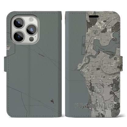 【フリーマントル（オーストラリア）】地図柄iPhoneケース（手帳タイプ）モノトーン・iPhone 15 Pro 用