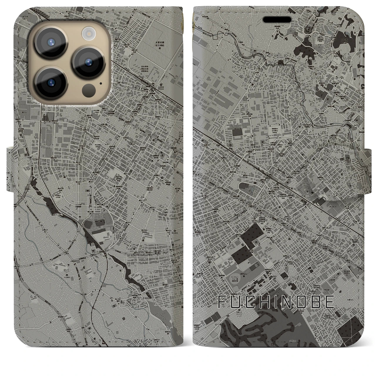 【淵野辺】地図柄iPhoneケース（手帳両面タイプ・モノトーン）iPhone 14 Pro Max 用