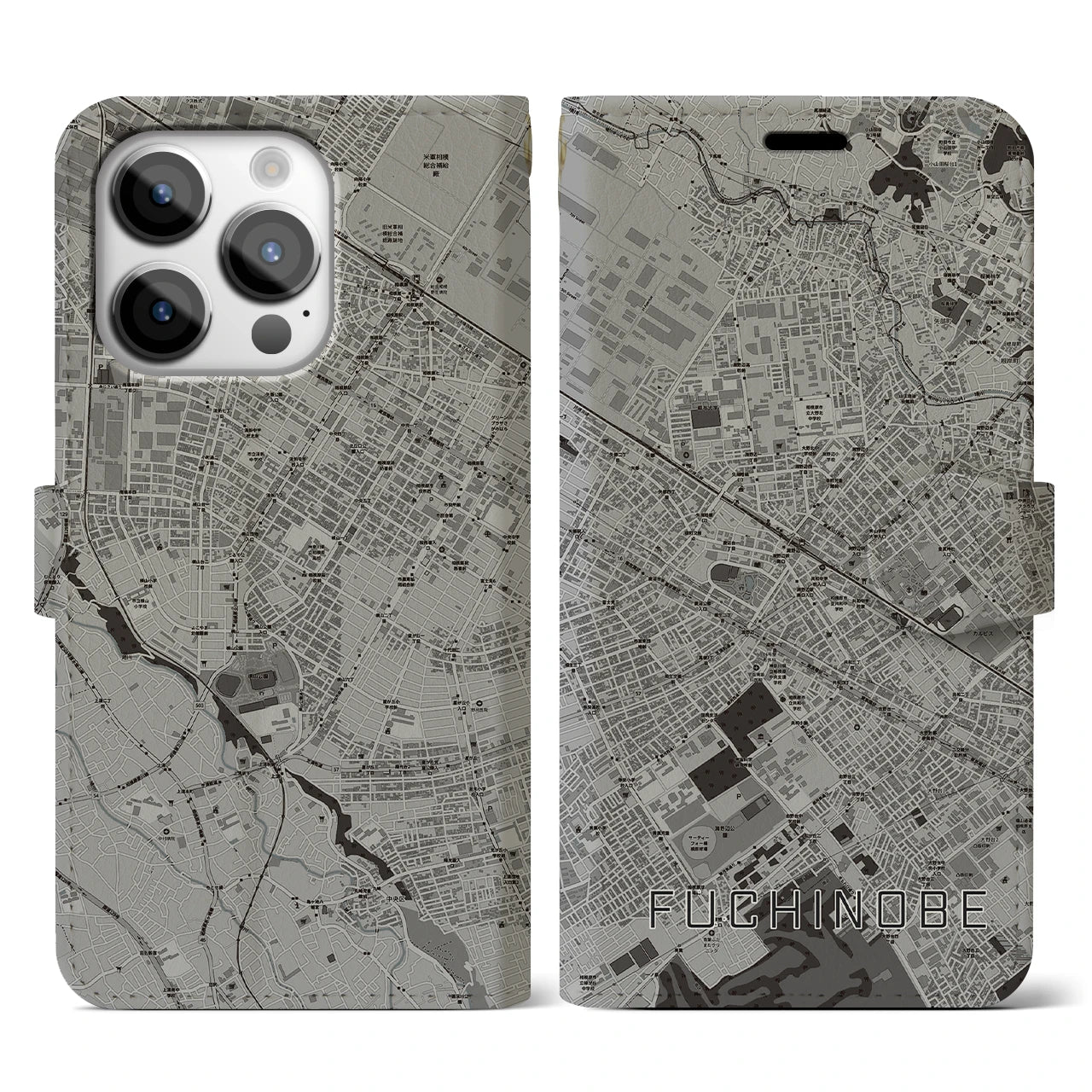 【淵野辺】地図柄iPhoneケース（手帳両面タイプ・モノトーン）iPhone 14 Pro 用