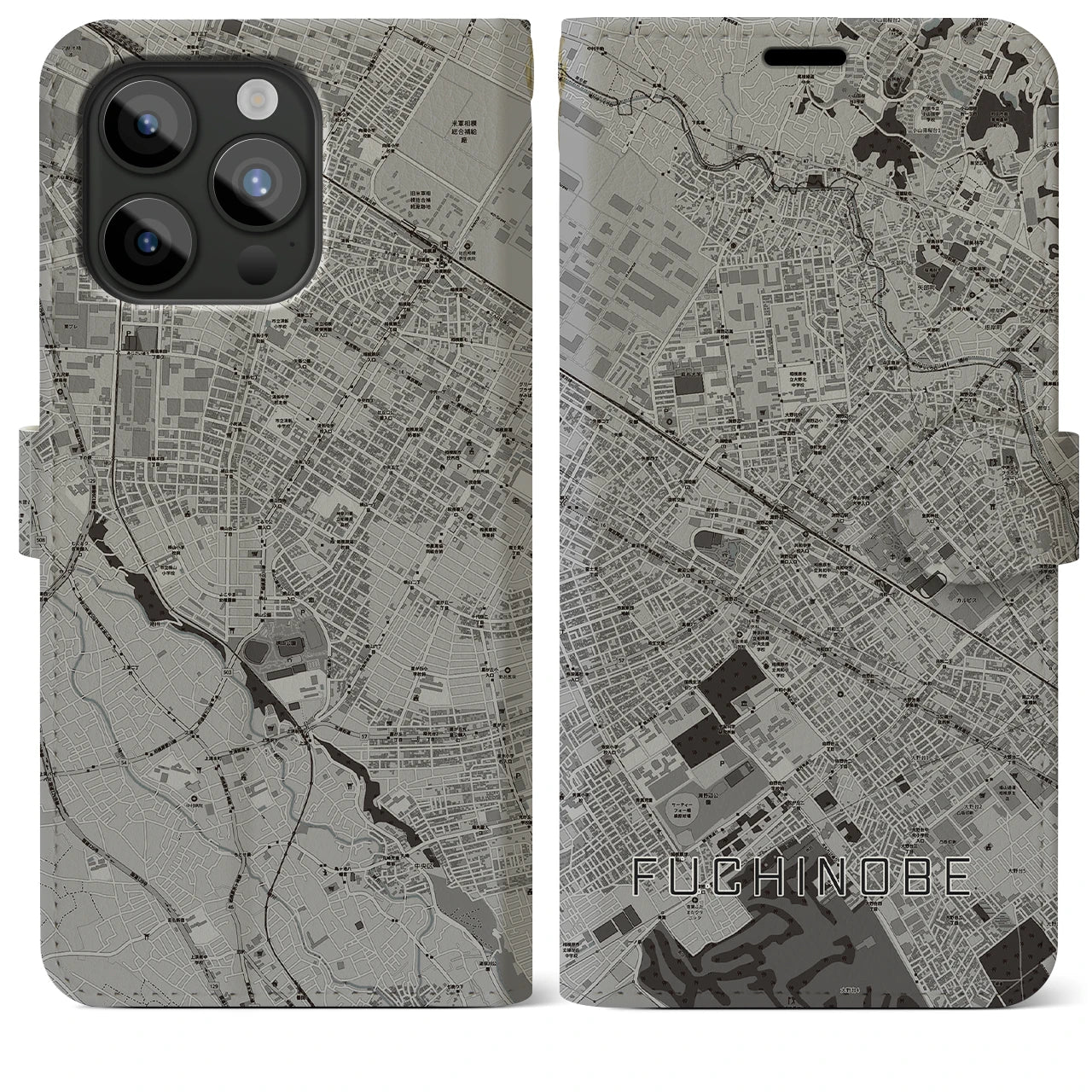 【淵野辺】地図柄iPhoneケース（手帳両面タイプ・モノトーン）iPhone 15 Pro Max 用