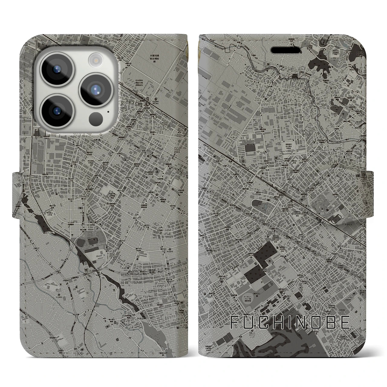 【淵野辺】地図柄iPhoneケース（手帳両面タイプ・モノトーン）iPhone 15 Pro 用