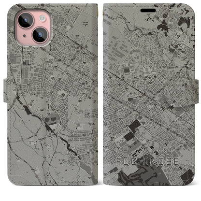 【淵野辺（神奈川県）】地図柄iPhoneケース（手帳タイプ）モノトーン・iPhone 15 Plus 用